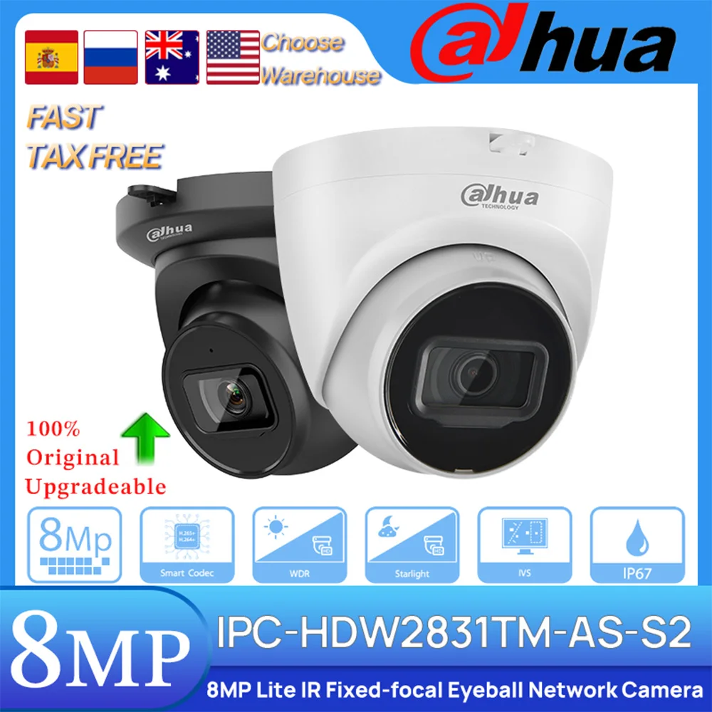 Original Dahua IPC-HDW2831TM-AS-S2 8MP 30mIR Fixed-focal Eyeball POE Network Camera Tripwire Intrusion Built-in MIC SD Slot IP67