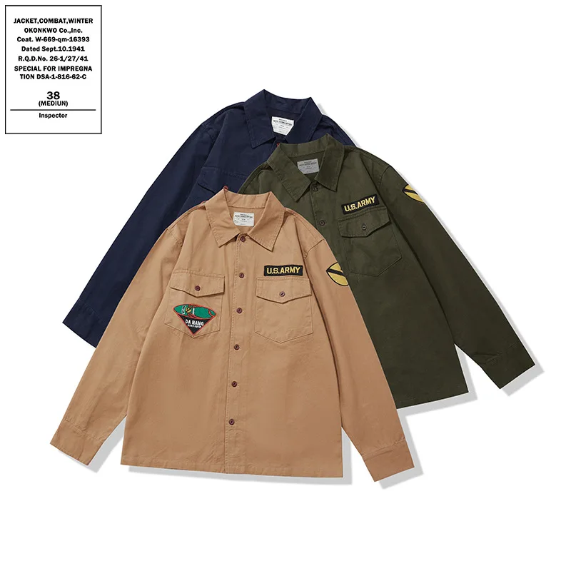 

American Retro Embroidered Long Sleeve Workwear Shirt Slim Fit Cotton 100% Spring Autumn Season Casual Style Men's Shirt