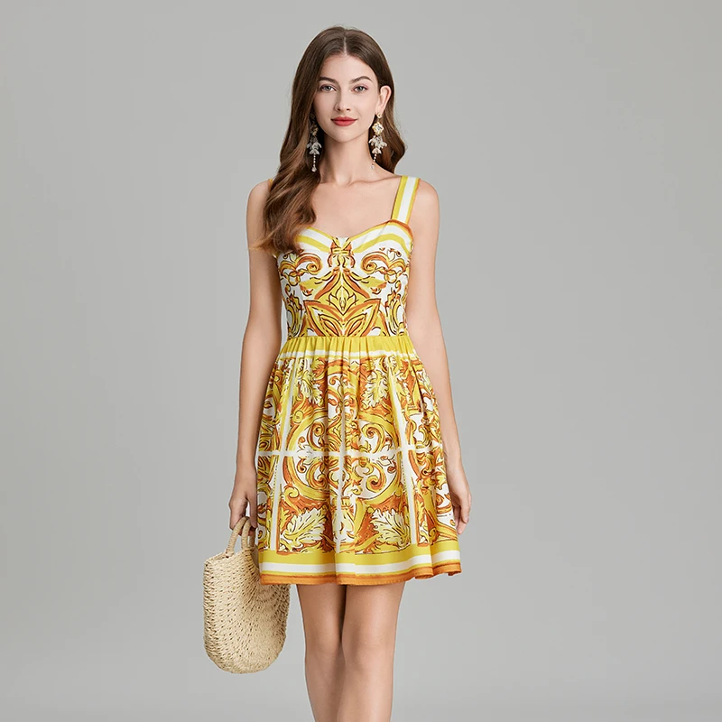 

Summer Holiday Baroque Print Midi Beach Dress Women Spaghetti Strap Elastic Backless Yellow Flower Sundress Sexy Mini Vestidos