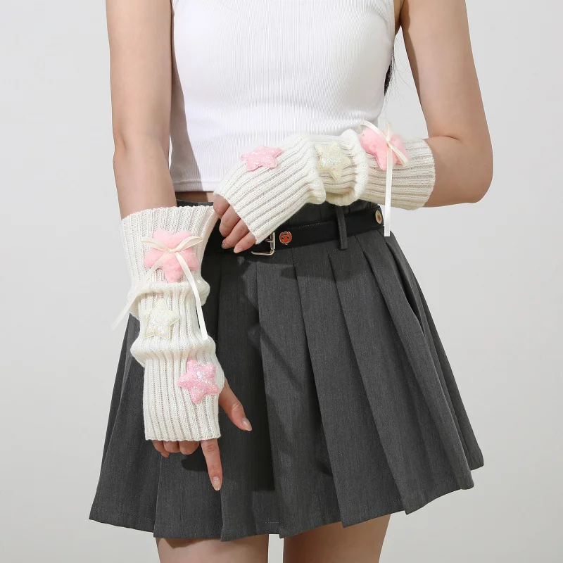 

Плюшевые рукава со звездами для женщин, осень-зима, College Styley2kStacked, вязаные теплые искусственные рукава без пальцев