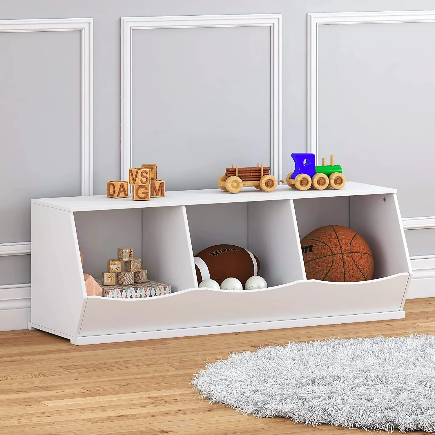 Stackable Kid Toy Storage Wooden Box Organizers Cubby With 3 Storage Bins For Playroom,Bedroom,Nursery School,