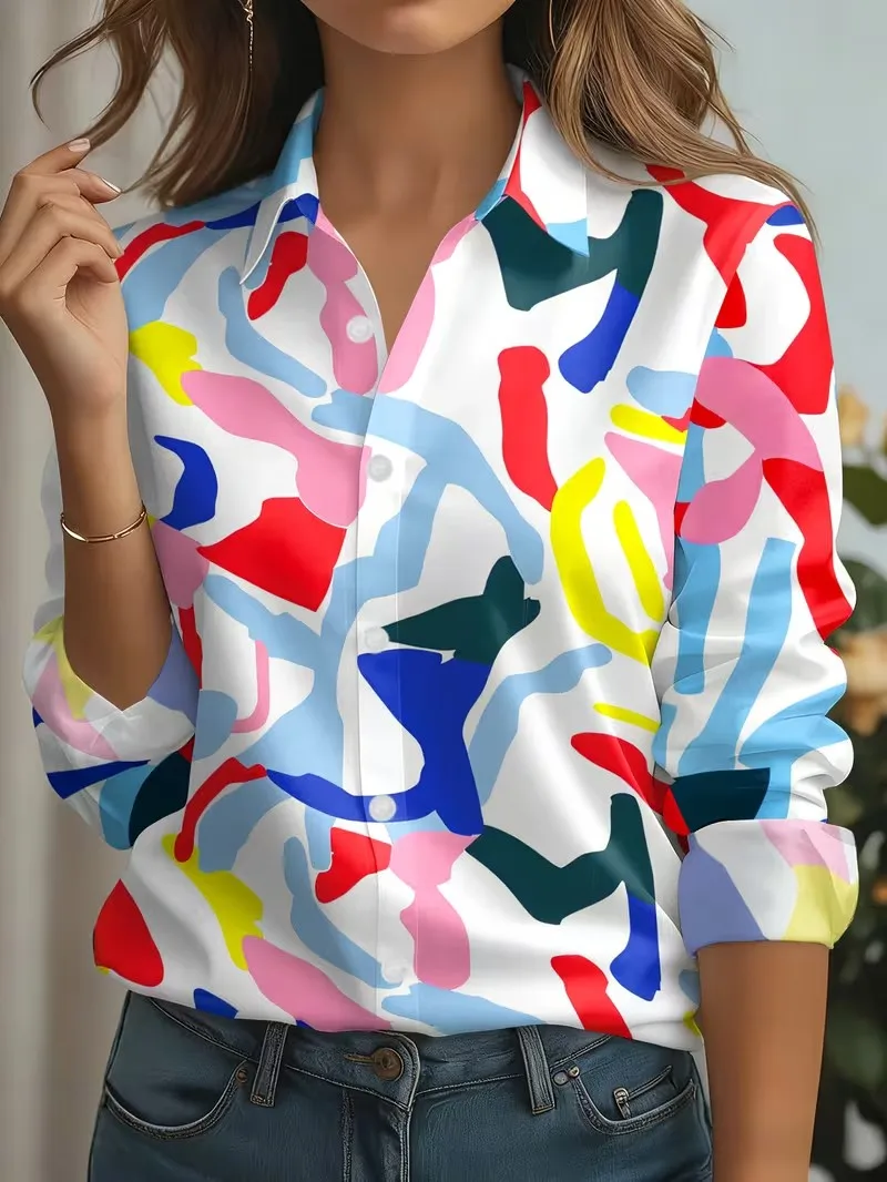 Elegant Women's Shirt Vintage Colorful Lines Printed Spring Autumn Blouse Lapel Neck Blouse Women Long Sleeve Loose Casual Shirt