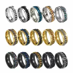 Stainless Steel Chain Spinner Finger Ring for Men Rotate Rotating Anxiety Fidget Rings Blue Gold Color Black Punk Rock Jewelry