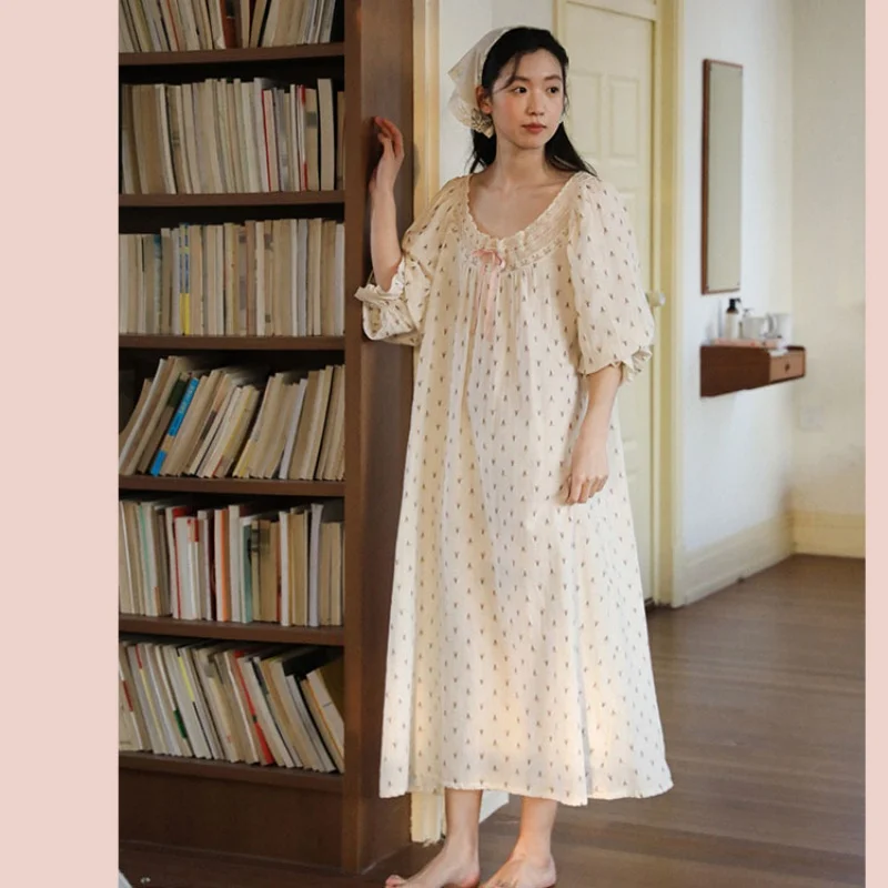 Women 100% Cotton Light-Weight Sleepwear Princess Round Neck Printing Nightgowns Loose Long Style Full Sleeves Nightdress New