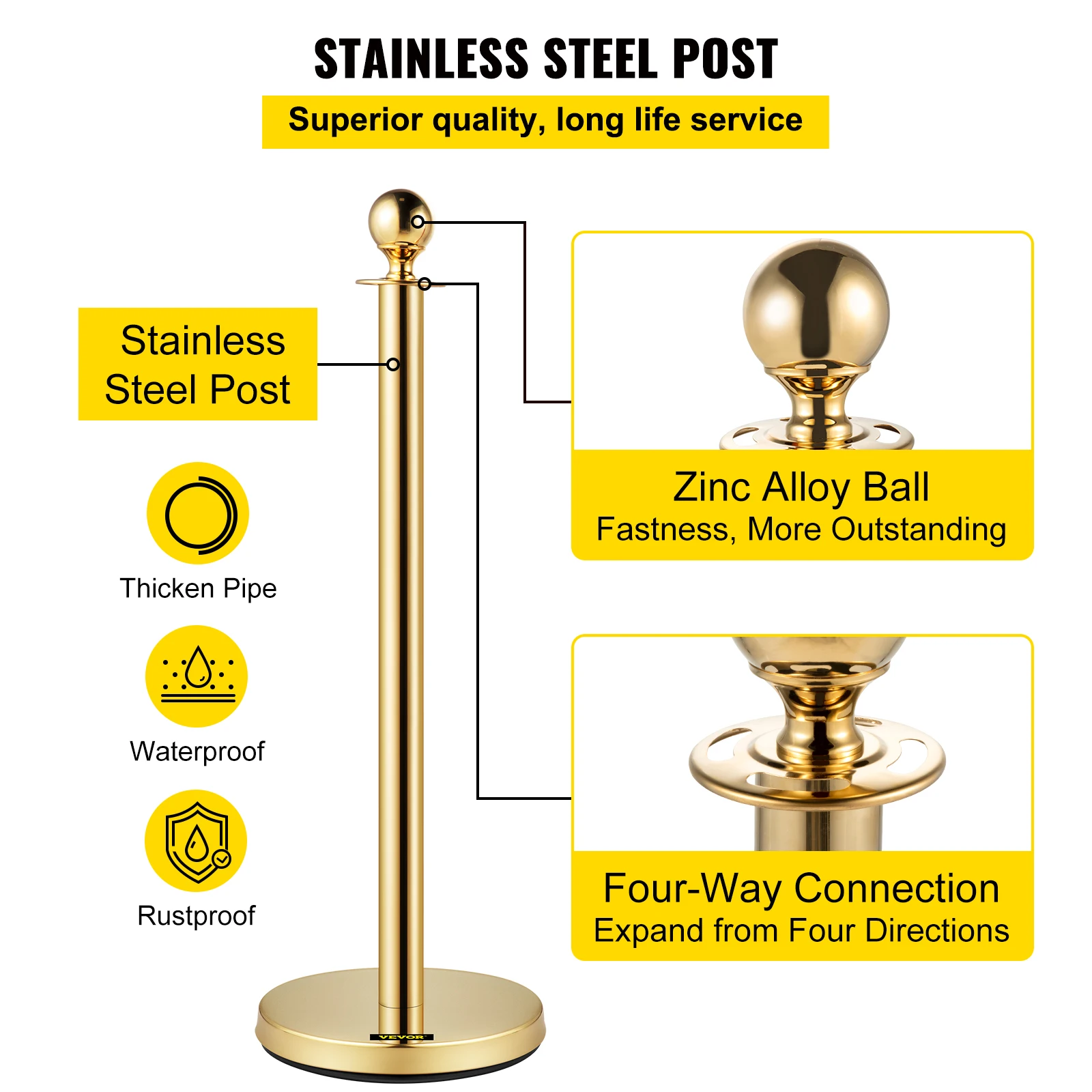 Vevor Gouden Crowd Control Barrière 5 Ft/1.5 M Elegante Fluwelen Touwen En Palen Roestvrij Staal Staander Met Bal Top 4 Stuks