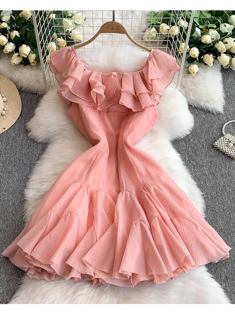 

Lotus Leaf Edge One Shoulder Mini Dress for Women's Summer Elegant Fashion Party Birthday White Pink Fluffy Short Dress B07