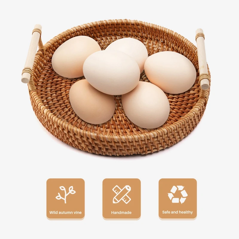 Rattan Storage Tray, Round Basket With Handle, Hand-Woven, Rattan Tray Wicker Basket Bread Fruit Food Breakfast Display L