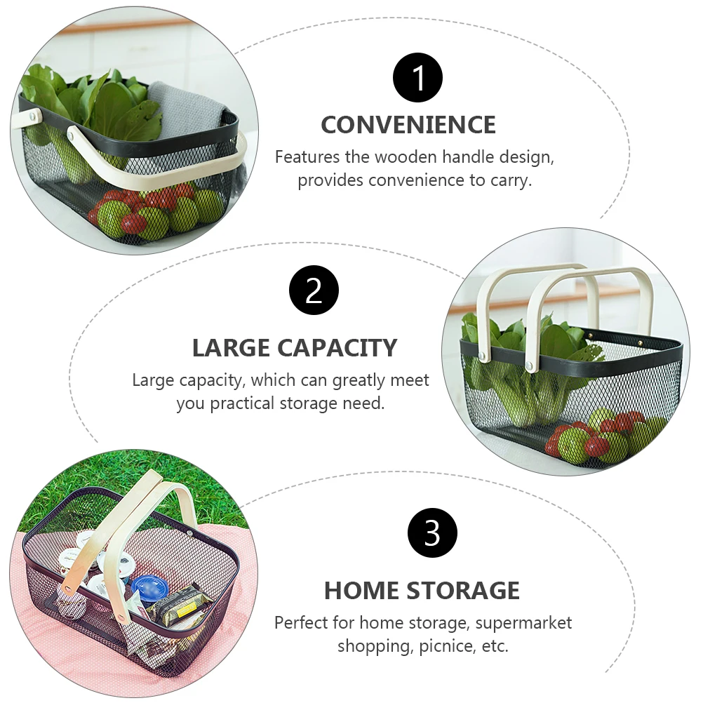 

Wooden Handle Storage Basket Iron Craft Household Organizer Large Capacity Home Storage Container Portable Table Basket