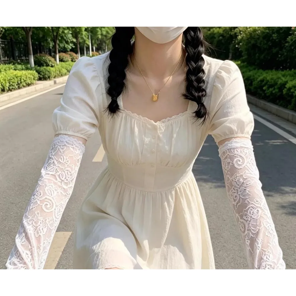 1 Pair Lace Trimmed Arm Sleeves Fashionable Sun Protection Cover for Summer Driving Cycling Sports Safety Women Arm Guard