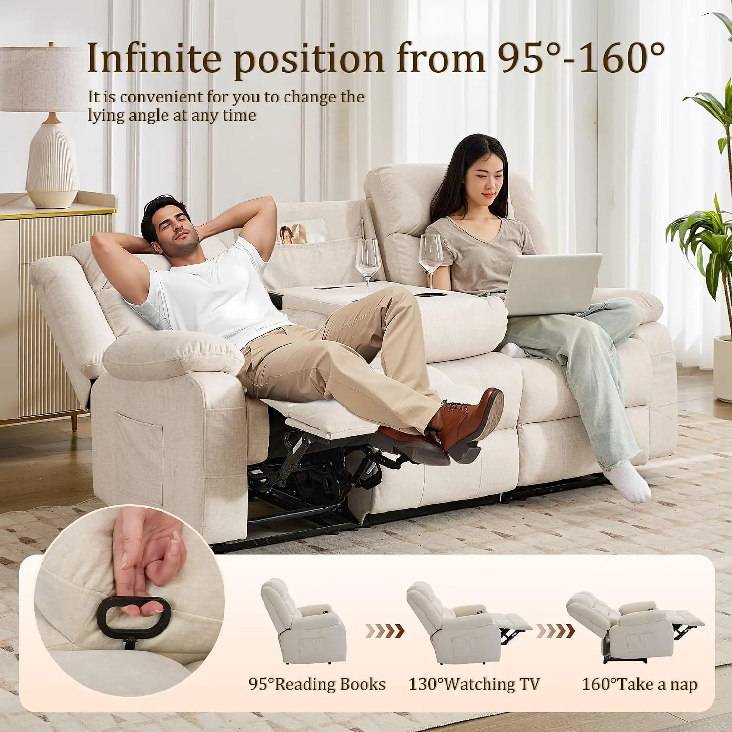 Oversized Reclining Loveseat with Console, Cup Holder & Recessed Power Strip, 3-Seater with Drop Down Table, Beige, Customized