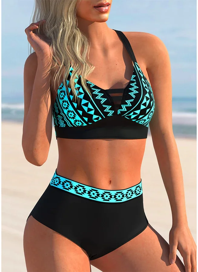 Nowy letni damski podkoszulek z niebieskim nadrukiem i szorty Dwuczęściowy strój kąpielowy Seksowny zestaw plażowy S-5XL