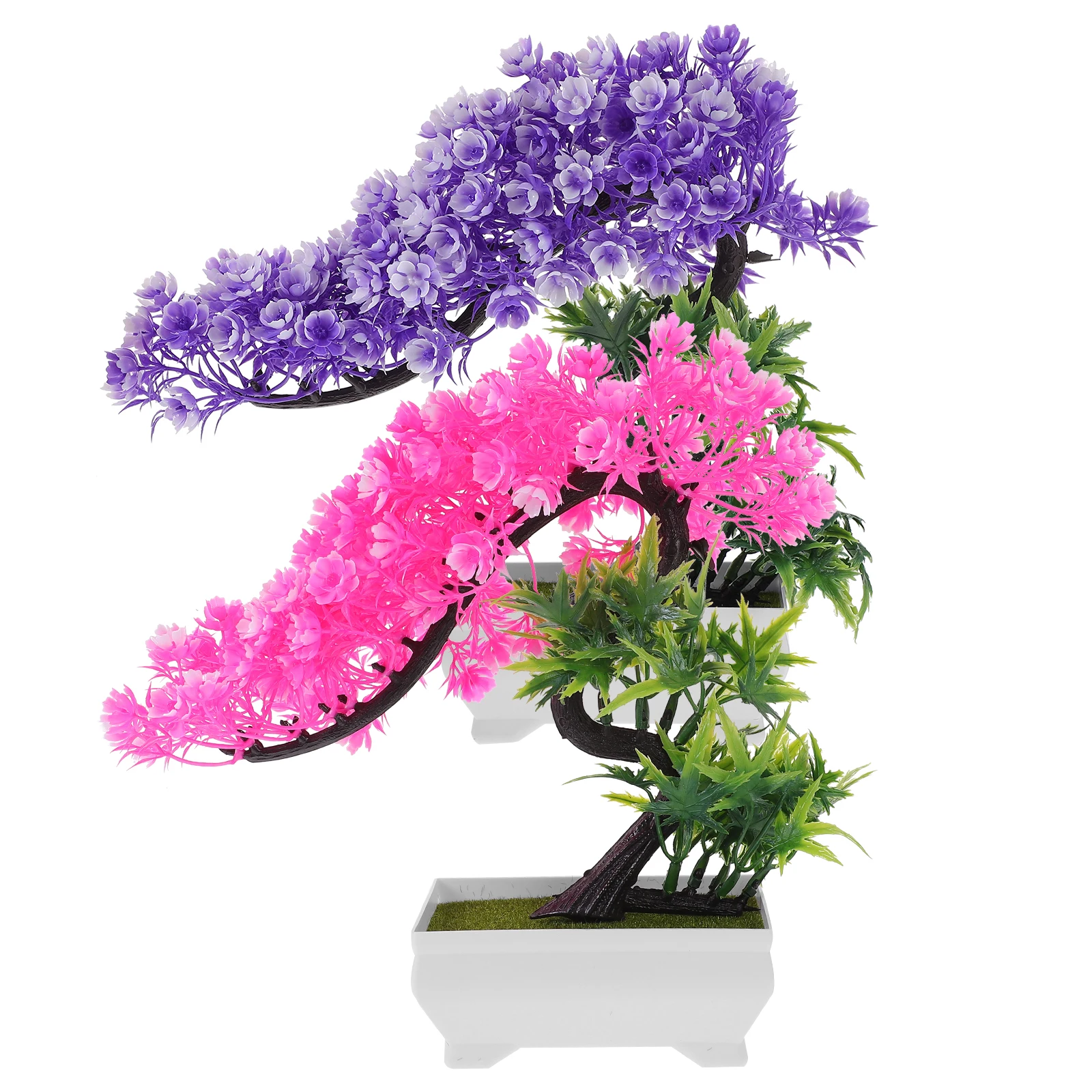 

2 Pcs Artificial Bonsai Plants in Pot Purple Pink Simulated Green Home Decoration Plastic Faux Potted Lifelike Indoor