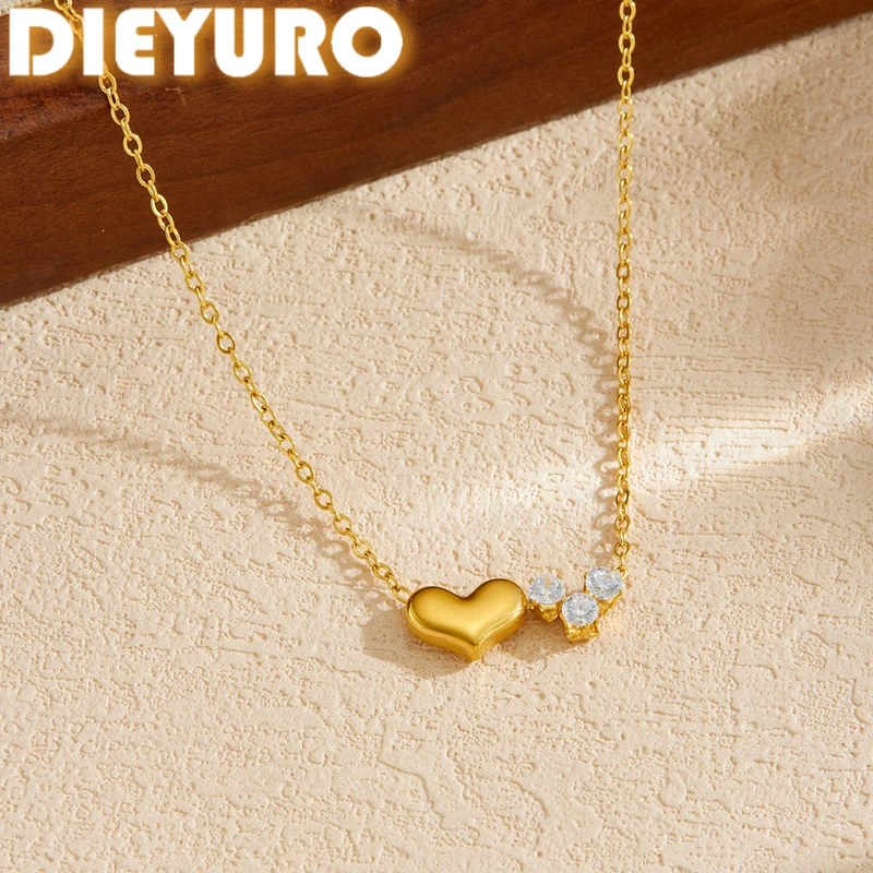 DIEYURO 316L Stainless Steel Zirconia Golden Heart Love Thin Chic Necklace For Women Classic Trend Waterproof Neck Chain Jewelry