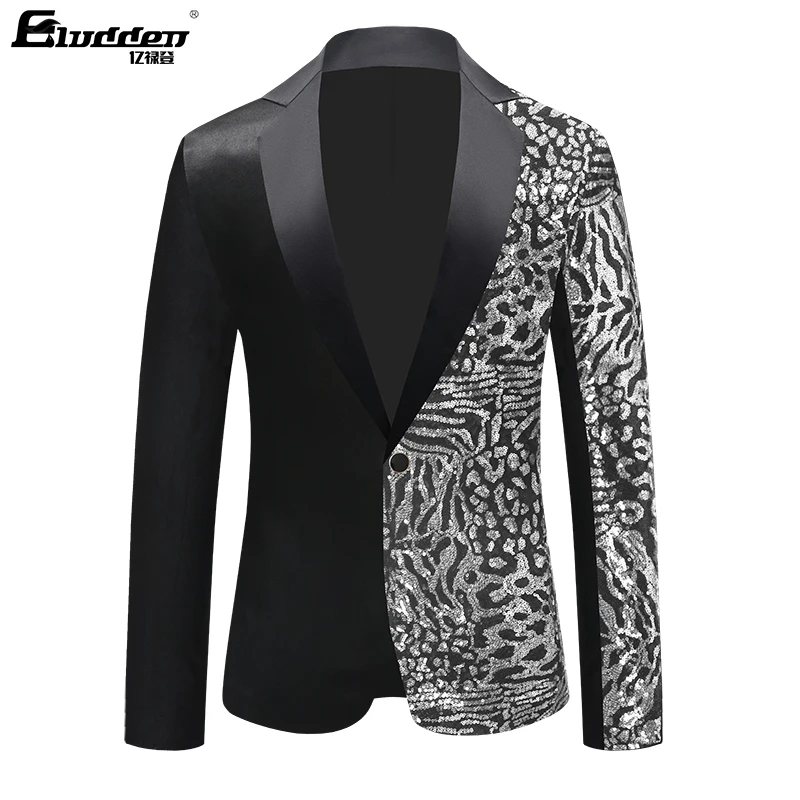 Single Breasted Leopard Sequins Stage Suit Jacket Men Party Hip Hop Suit Fashion  Drama costume Blazer Men\'s Sequins Floral Suit