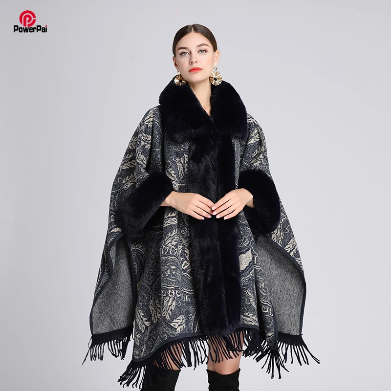 

Big Soft Warm Wool Blends Cape Coat Fashion Vintage Jacquard Faux Fur Outerwear Women Autumn Winter Cloak Poncho Lapel Pockets