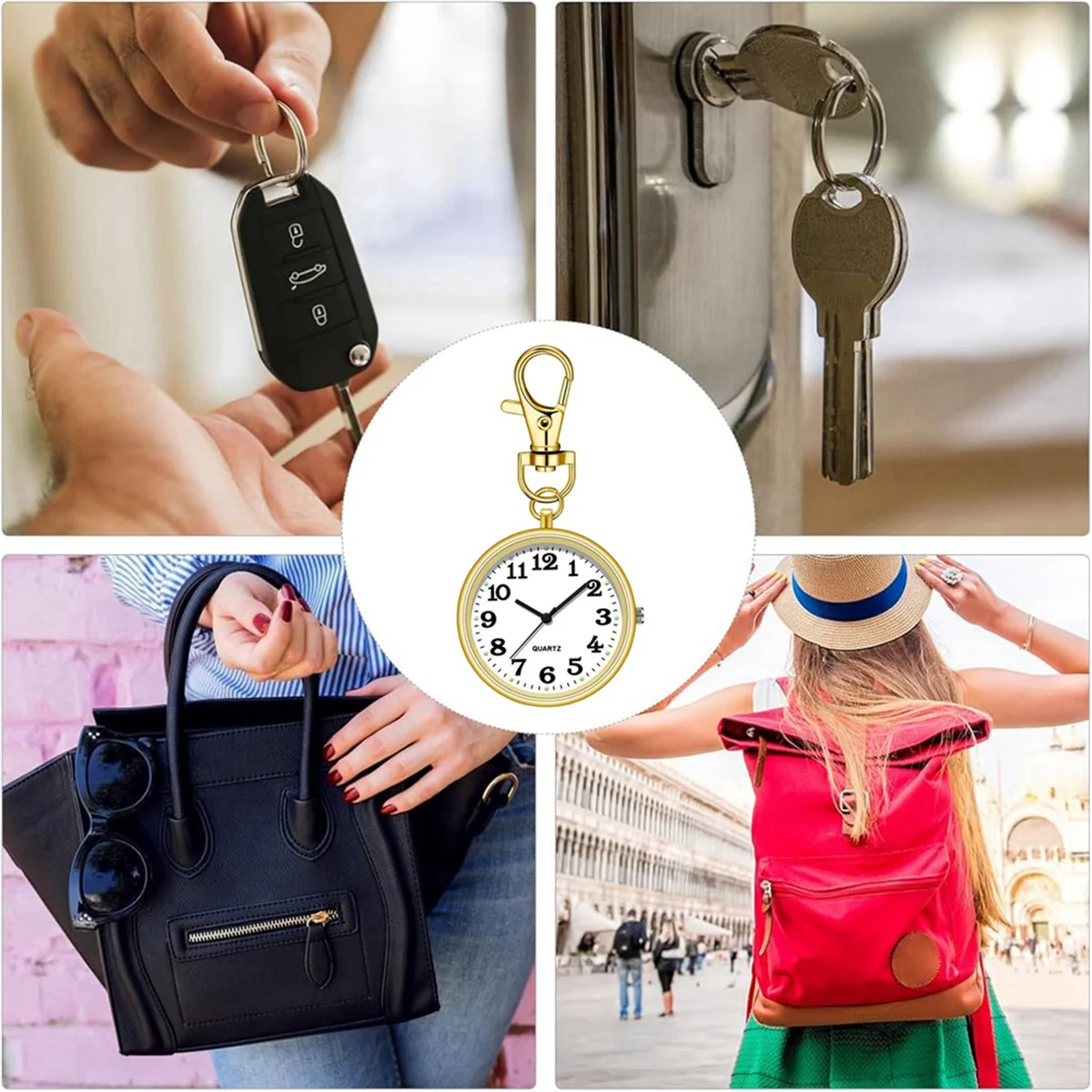 

ABAB Clip on Pocket Watch Quartz Pocket Watch with Key Buckle Hanging Digital Watch Clip for Nurses Doctors Gold+White