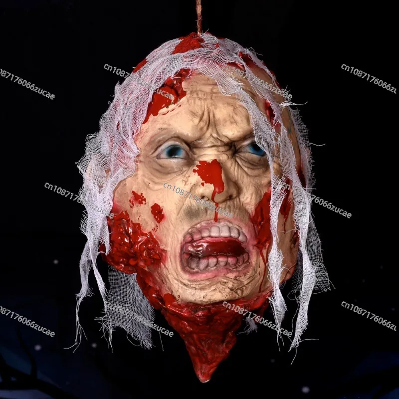 Halloween Horror Severed Head Pendant Scary Bloody Gauze Hanging Head Latex Simulation Dummy Head Haunted House Trick Decoration