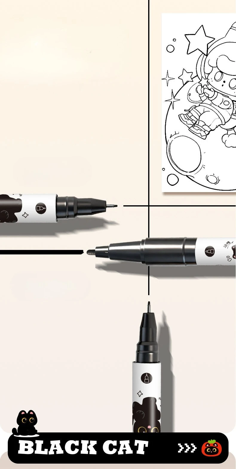 5 Stück Doppelspitzen-Zeichenstift mit feiner Linie, wasserfest, schwarzes Katzen-Design zum Skizzieren, Manga-Kunststudenten-Marker – Detail 5