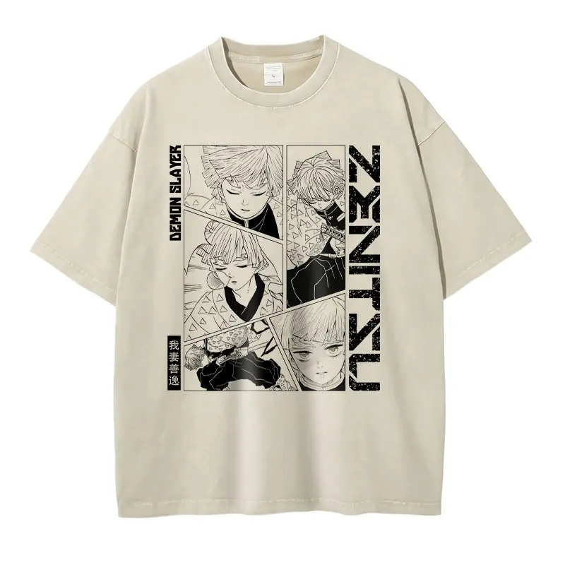 Anime Kimetsu no Yaiba T Shirts Vintage Washed Zenitsu T-shirt Oversized Retro Manga Demon Slayer Tanjirou Hashibira Tops Tees