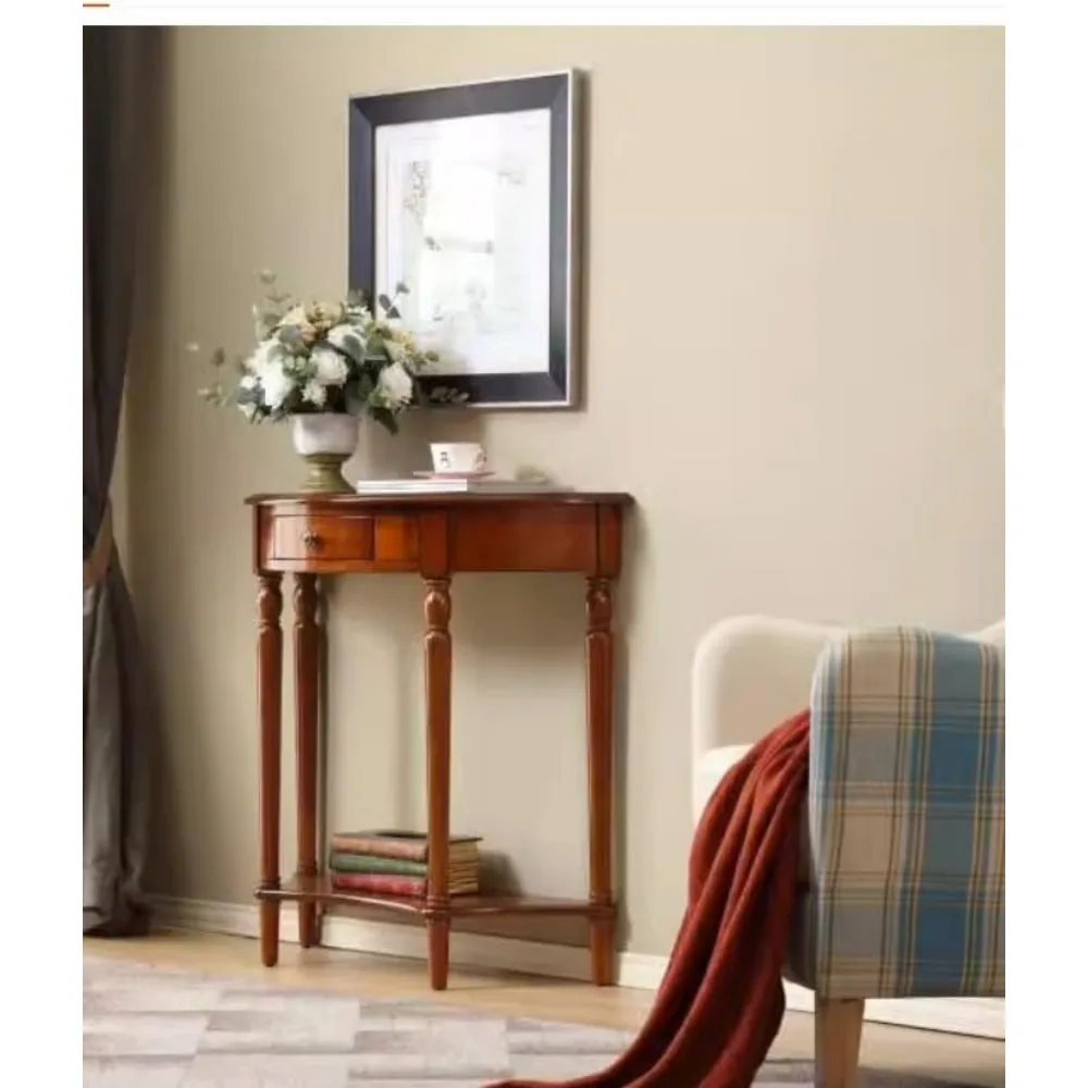 طاولة كونسول من الخشب الصلب مع درج، رف تخزين مدخل شبه دائري، طاولة دخول عتيقة مع رف سفلي مفتوح، نصف دائرة #3