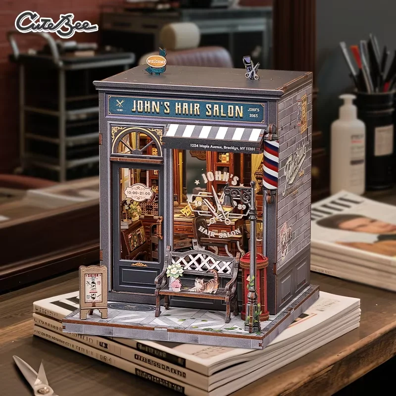 CUTEBEE Wooden Dollhouse DIY Book Nook Kit Miniature Bookshelf Insert with LED Light Gift Idea for John's Hair Salon