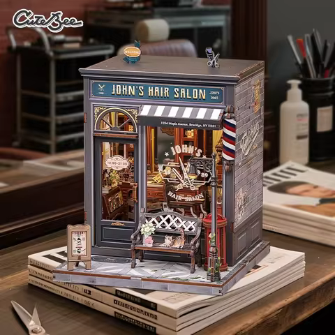 CUTEBEE Wooden Dollhouse DIY Book Nook Kit Miniature Bookshelf Insert with LED Light Gift Idea for John's Hair Salon