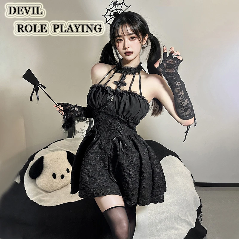 

Hot Sexy Medieval Gothic Dark Witch Spider Demon Dress Outfits Halloween Party Sorceress Lolita Cosplay Costume Black Dress Suit
