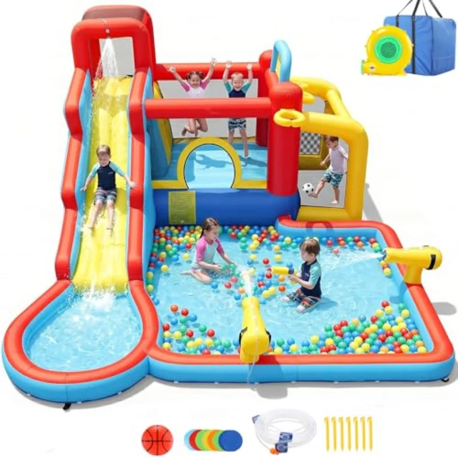 

Outdoor water bounce house slide for ages 3-12: inflatable 11-in-1 water park with long slide basketball hoop splash pool blue