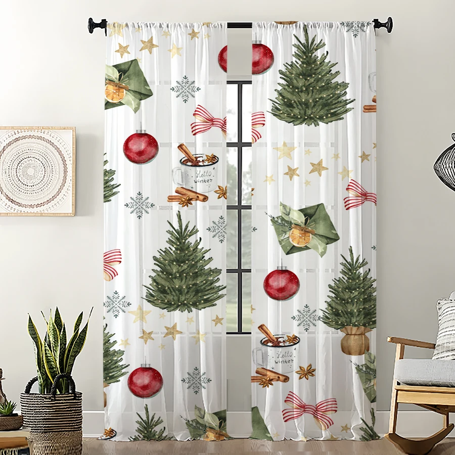 2PCS Christmas Winter Sheer Curtains, Tree Hot Cocoa, Digital Print, Bedroom Living Room, Rod Pocket Polyester, Home Decor