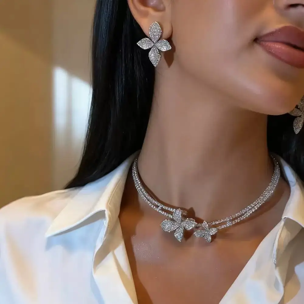 Hot selling fashionable and versatile flower double layered open earrings necklace set with personalized, exquisite and luxuriou