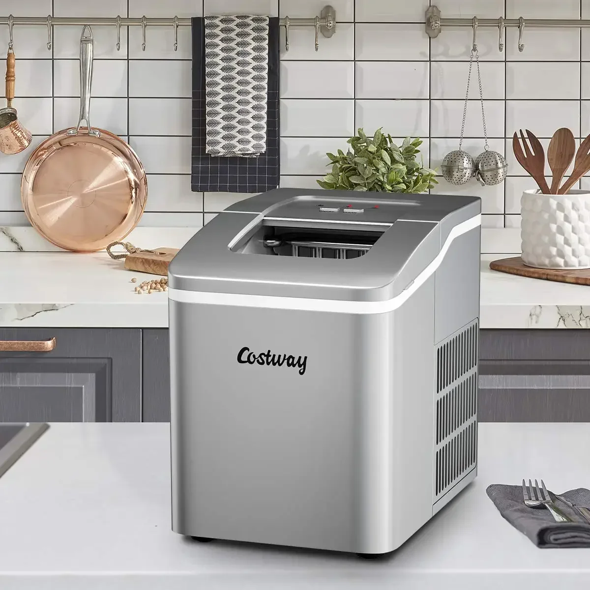 COSTWAY Countertop Ice Maker, 26Lbs/24H Portable Ice Machine with Self-Cleaning Function, Bullet Ice Cubes Ready in 8 Mins