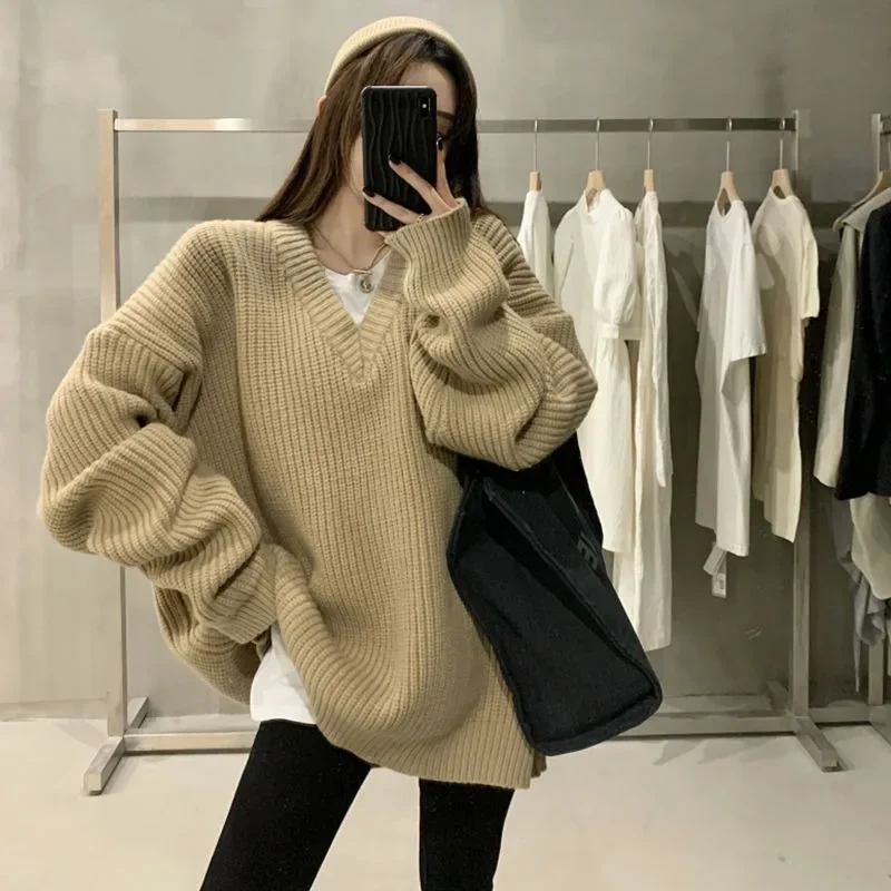 

Retro Niche V-neck Lazy Style Sweater for Women New Autumn Winter Korean Version Loose Fitting Medium Length Knitted Jacket Top