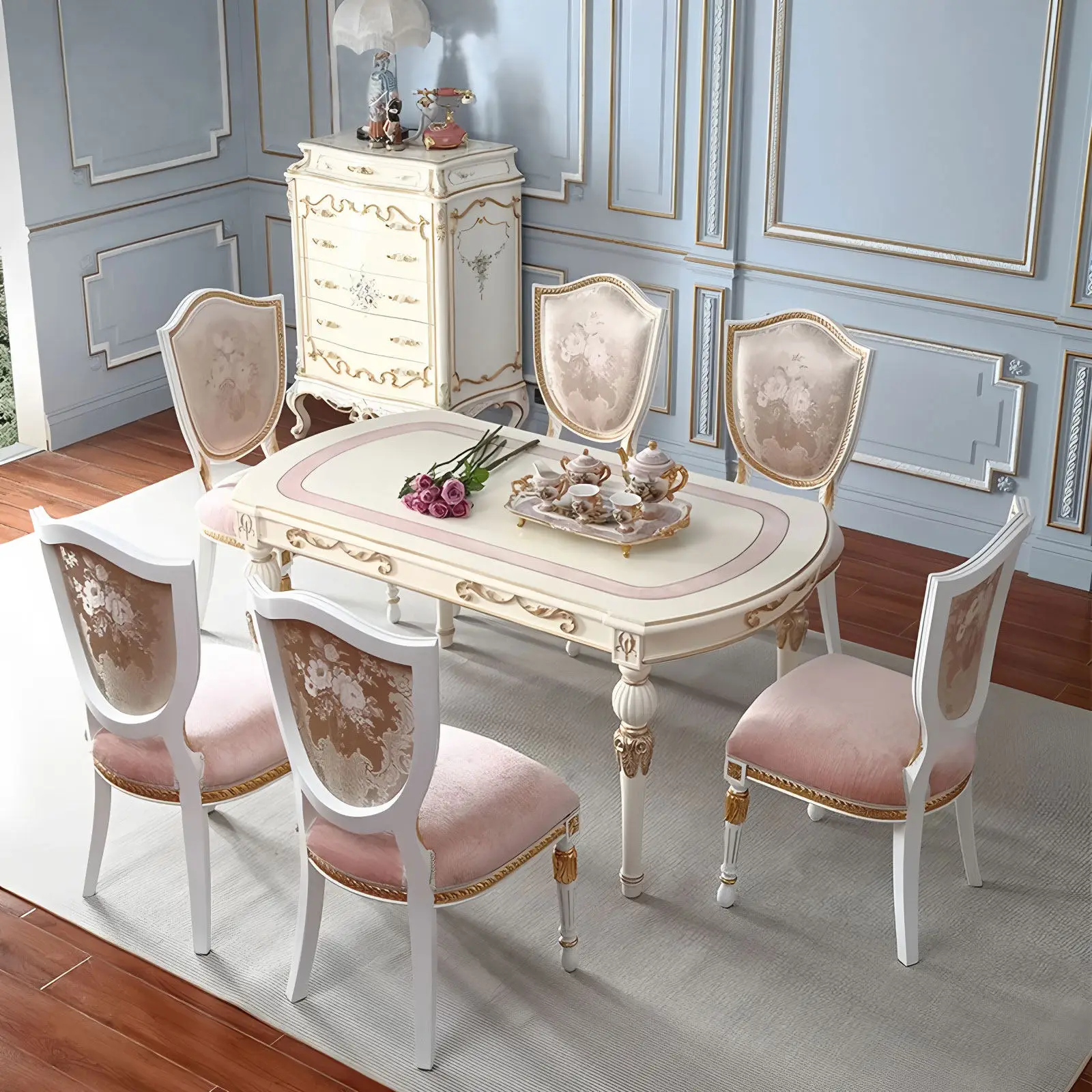 Light luxury dining table and chair combination multi-size solid wood retro pink dining table