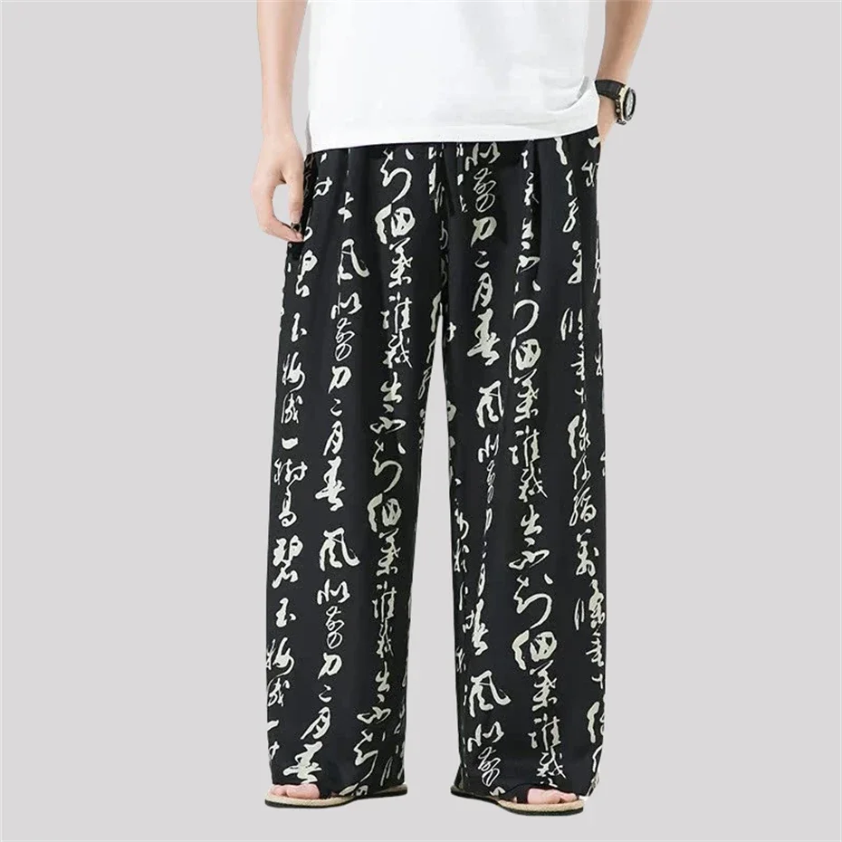 

Chinese Style Vintage Harem Pants Mens Chinese Letters Print Wide Leg Pants Male Spring Autumn Plus Size Casual Trousers