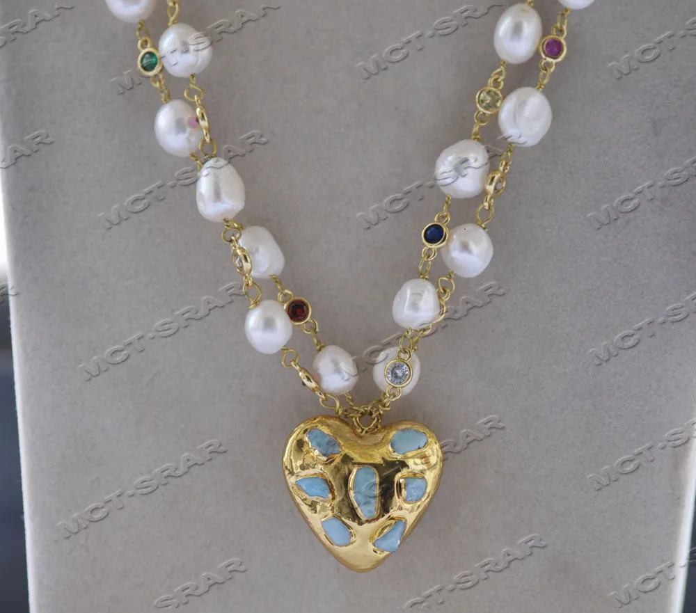 Z12024 2row 20\'\' 12mm White Baroque Pearl CZ Necklace Gold Plated Heart Pendant