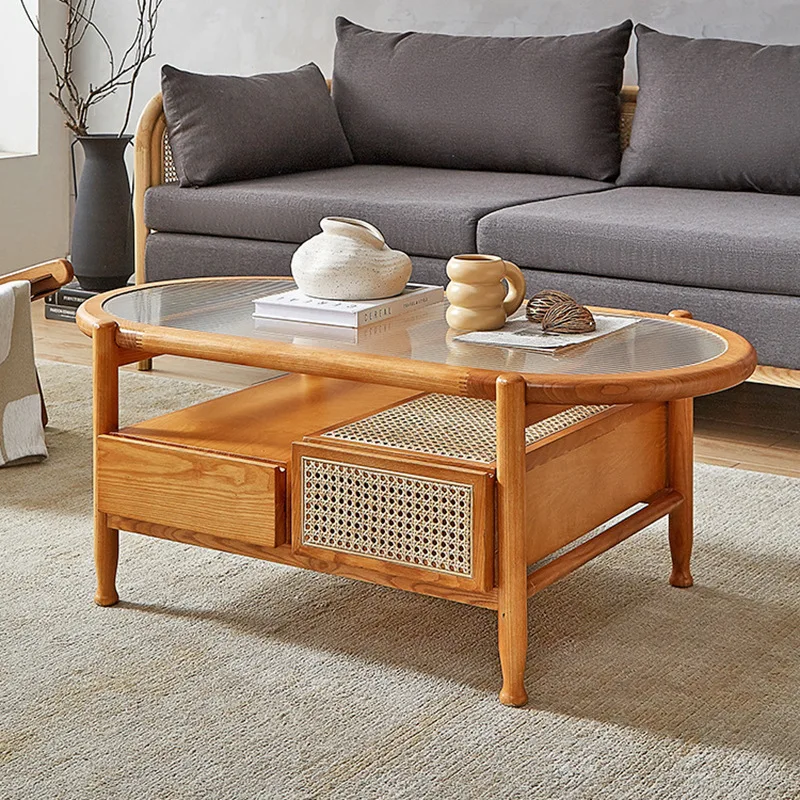 

Japanese style coffee table, cherry wood small unit, elliptical rattan woven tea, living room, and household solid wood