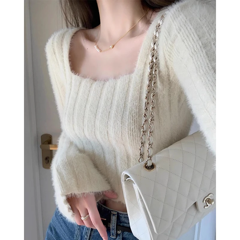 

Мягкий или бежевый вязаный свитер с лацканами, женский весенне-осенний базовый слой с квадратным воротником, нежный верх для внутренней одежды Pure Desire