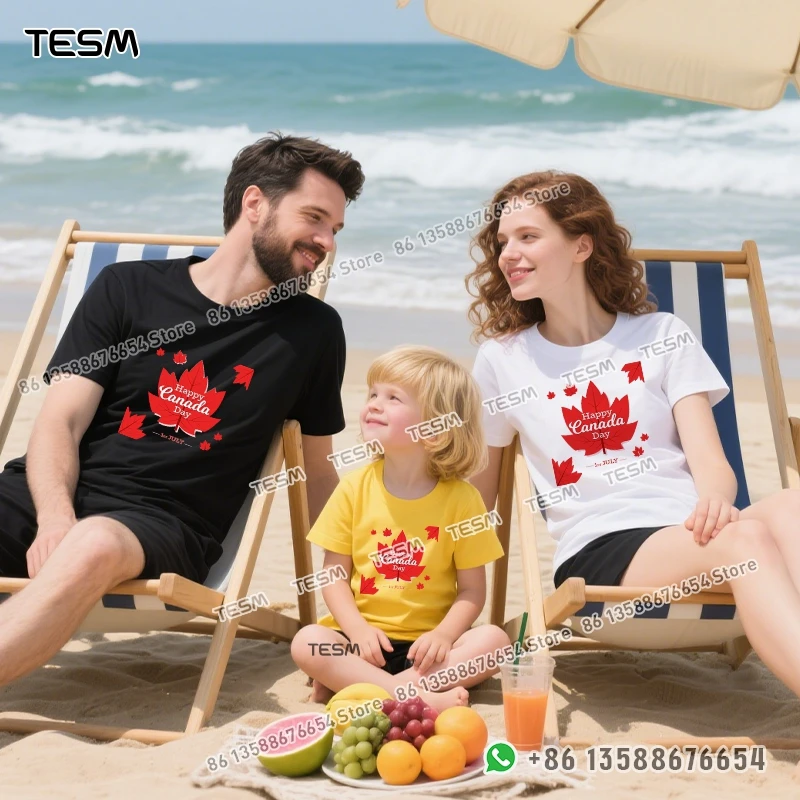 TESM Happy Maple Leaf Print Men Cotton T-shirt Casual Loose Short-sleeve Party Parent-child Outfit Mom Dad Family Vacation Top