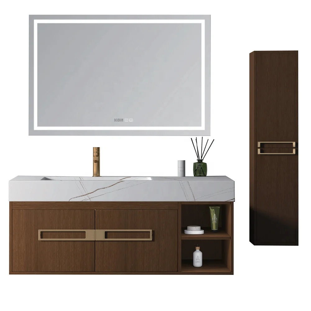 Foshan Factory Wholesale Bathroom Cupboard Brown Plywood Bathroom Vanities with LED Mirror Cabinet