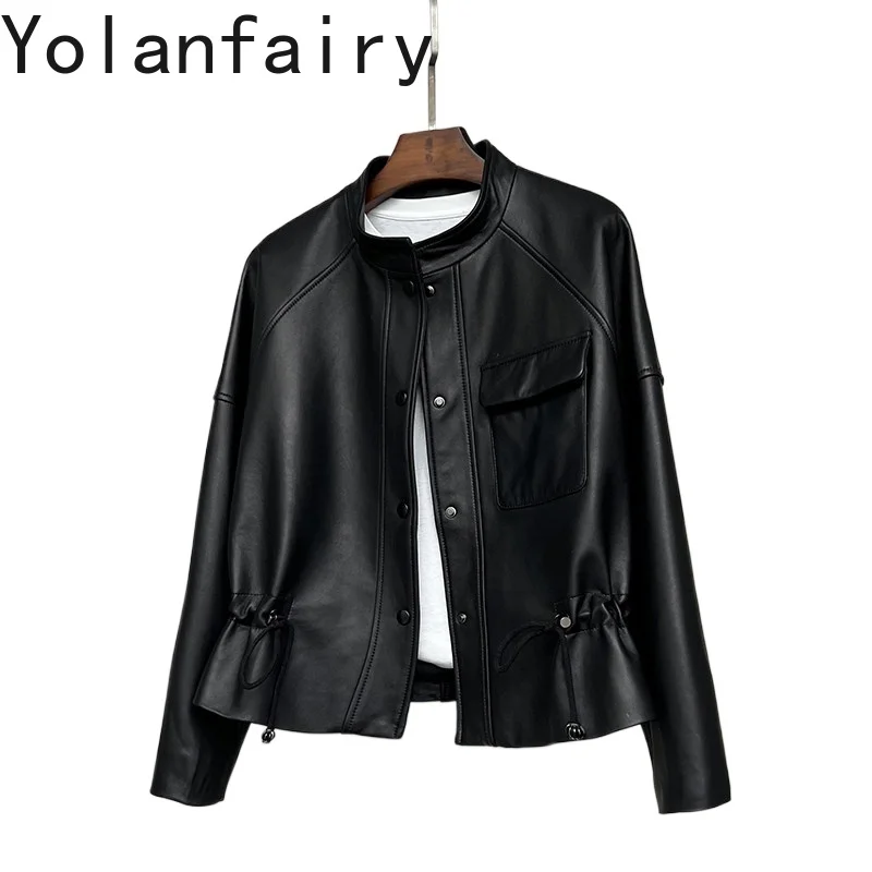 

YOLANFAIRY Real Sheepskin Coat 100% Genuine Leather Jacket Women Clothing Waisted Fashion Short Leather Jackets Stand Collar