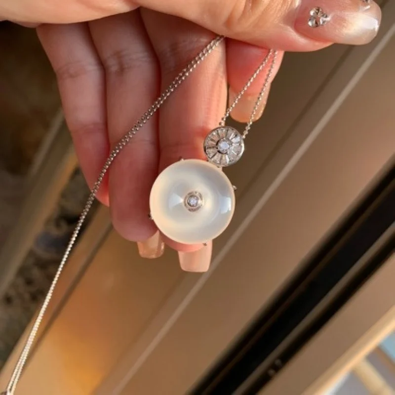 Natural ice chalcedony peace pendant, fashionable -style new Chinese design, diamond-encrusted versatile pink agate neckl