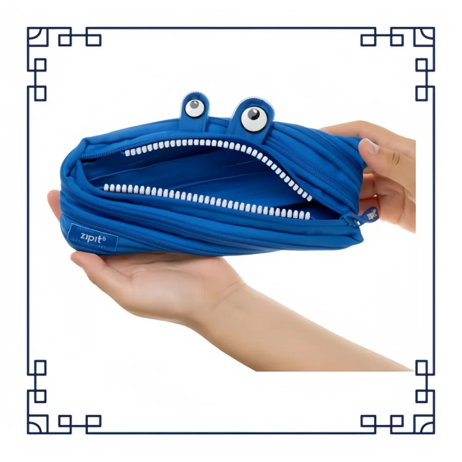 かわいいブルーのジッパー付きペンケース - 子供、男の子、女の子向けの学校用文房具バッグ