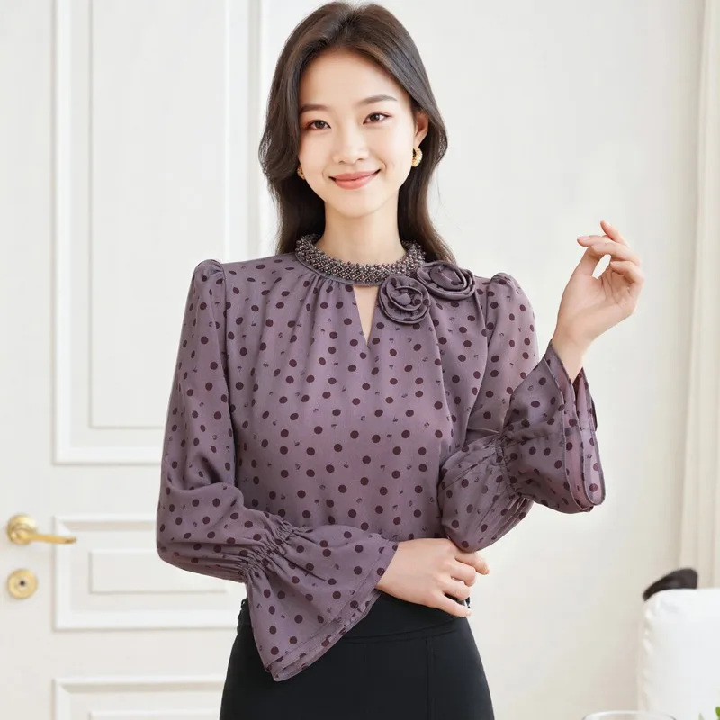 

Винтажные женские блузки, повседневные рубашки в горошек, модная свободная весенне-осенняя одежда, шифоновые женские топы с длинными рукавами