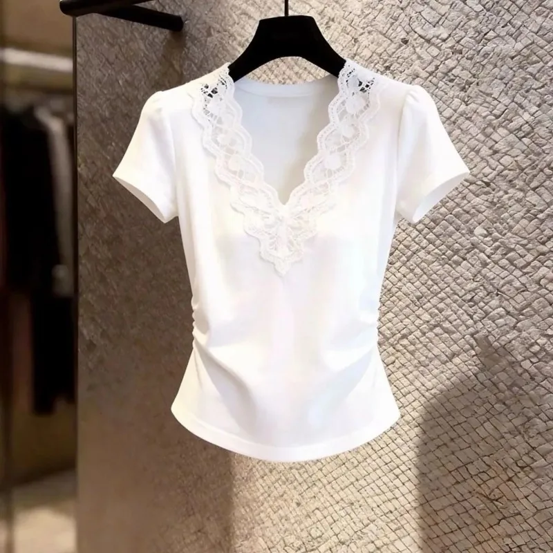 New 2026 Summer V-neck Short-sleeved Women's Casual Top Solid Fashion Korean Version High Quality Ladies Elegant T-shirt
