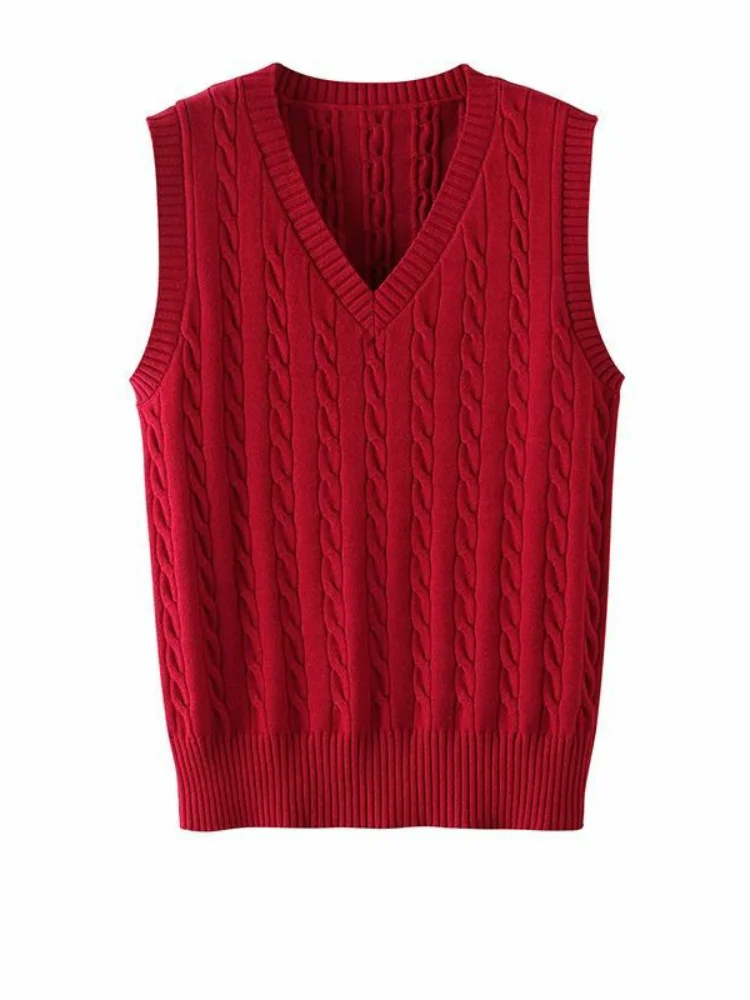 Damska dzianinowa kamizelka swetrowa z luźnej wełny, prosty, modny design, jesienny trend, odzież wierzchnia, średniej długości ocieplacz na ramię.