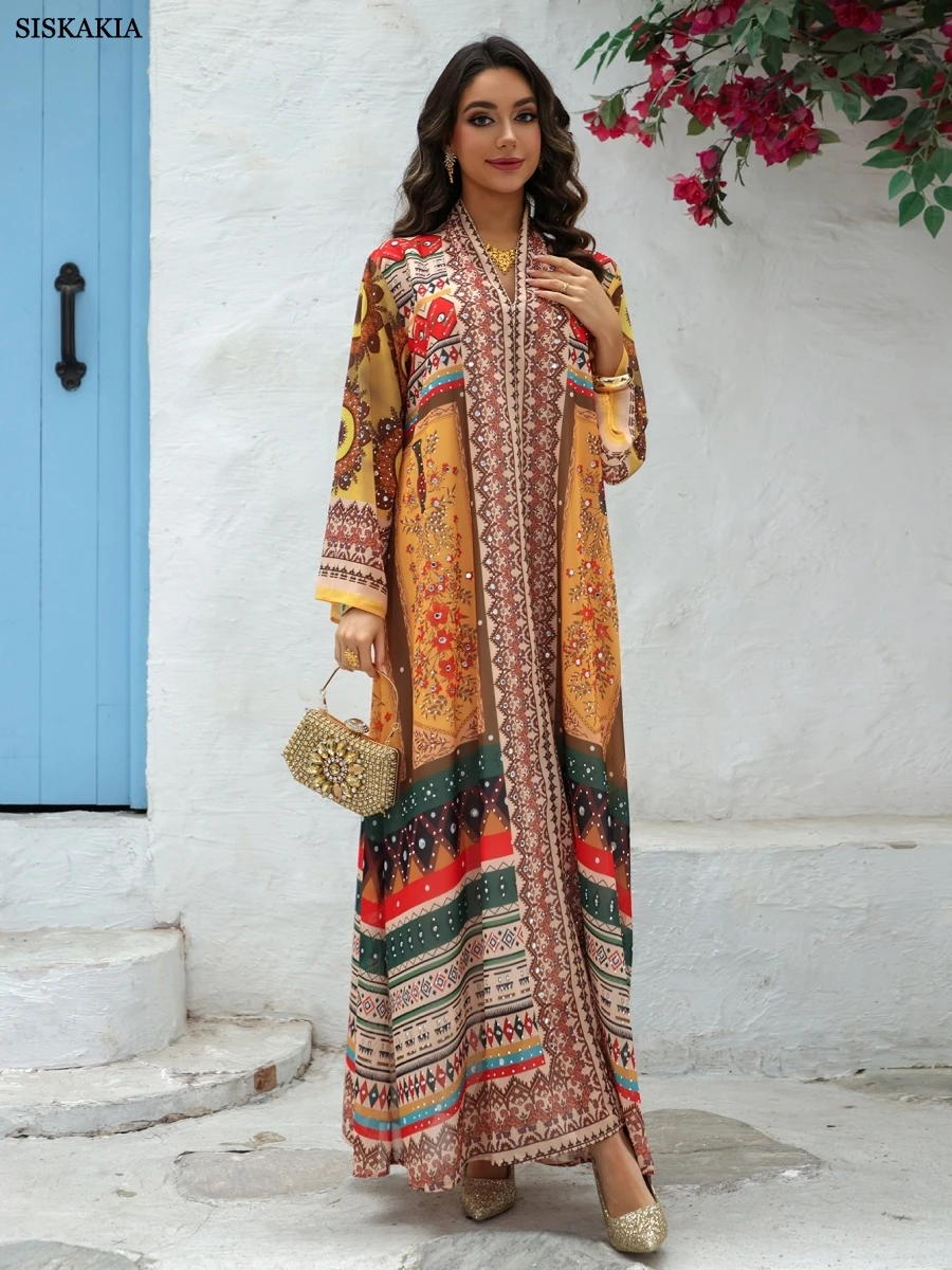 Siskakia luxo impressão mulher vestido de noite muçulmano abaya com strass roupas femininas marroquinas