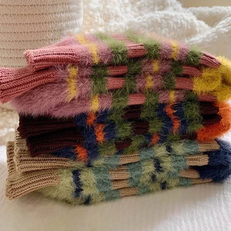 1/3 Doppel farbige Streifen Socken Damen Herbst Winter Socken Wolle Boden Socken dicke Plüse Innensocken weich