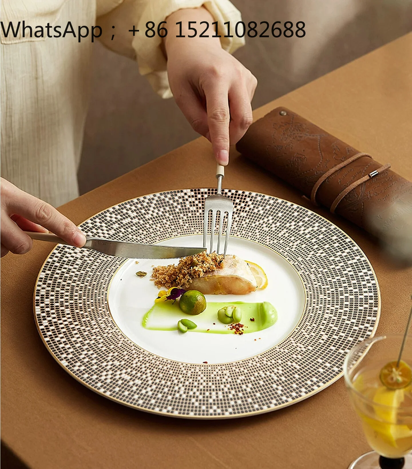 LLY gold-accented bone china plate, premium light luxury Western steak pasta plate, breakfast light flat plate