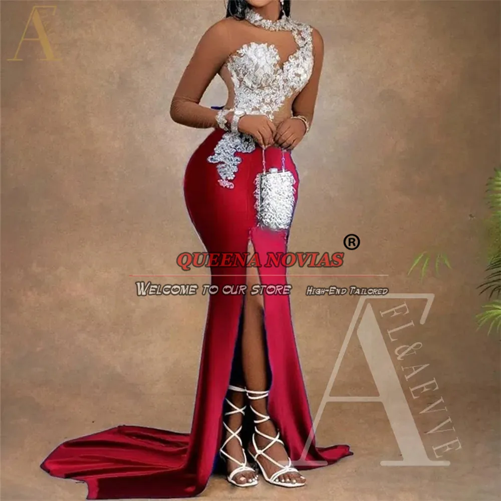 

Sexy Burgundy Mermaid Prom Dresses With White Appliques Women Formal Evening Party Gowns Side Split Sweep Train Robe De Soirée