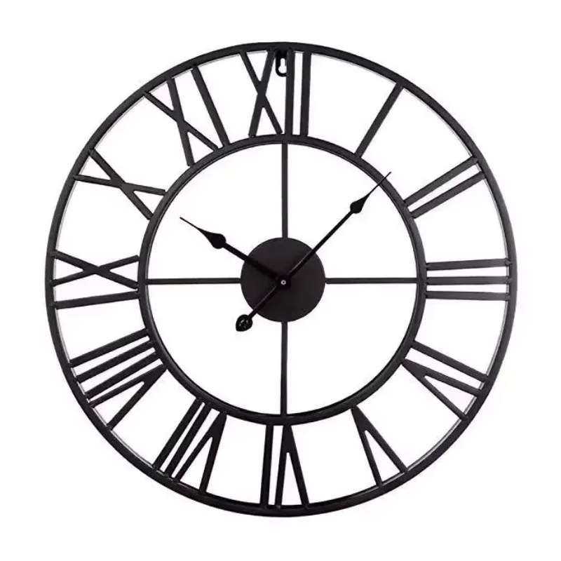 

80cm Modern Metal Wall Clocks Round Nearly Silent Battery Operated Black Roman Numerals Clock for Living Room